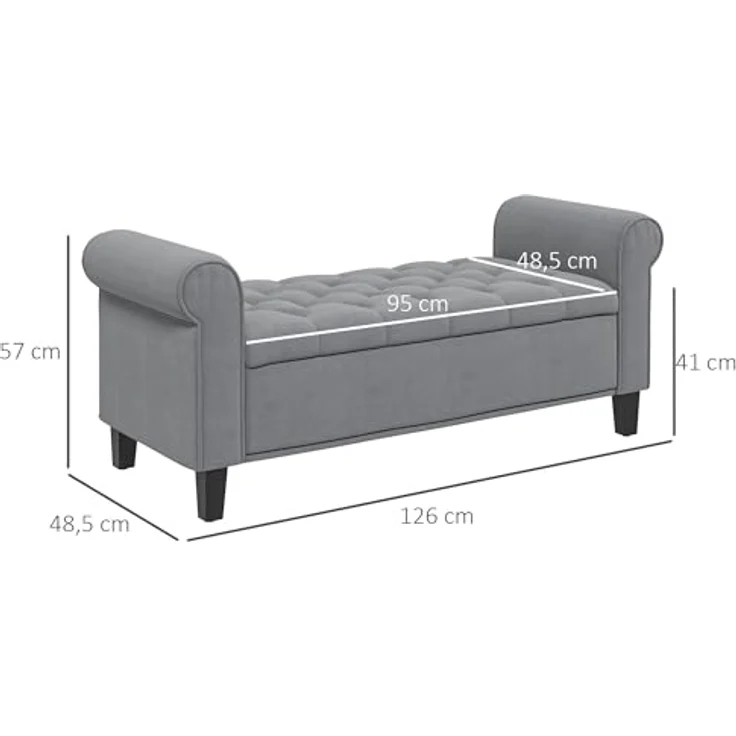 HOMCOM Polsterbank Flurbank, mit Stauraum, in Samtoptik, 126 x 48,5 x 47 cm (Bettbank, 1-St, Sitzbank), für Schlafzimmer, Grau – Bild 4