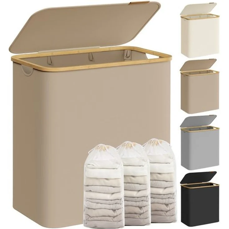 SONGMICS Wäschekorb mit Deckel und herausnehmbarem Wäschesack, zusammenklappbar, Bambus / Oxford-Gewebe kamelbraun, 90 l – Bild 2