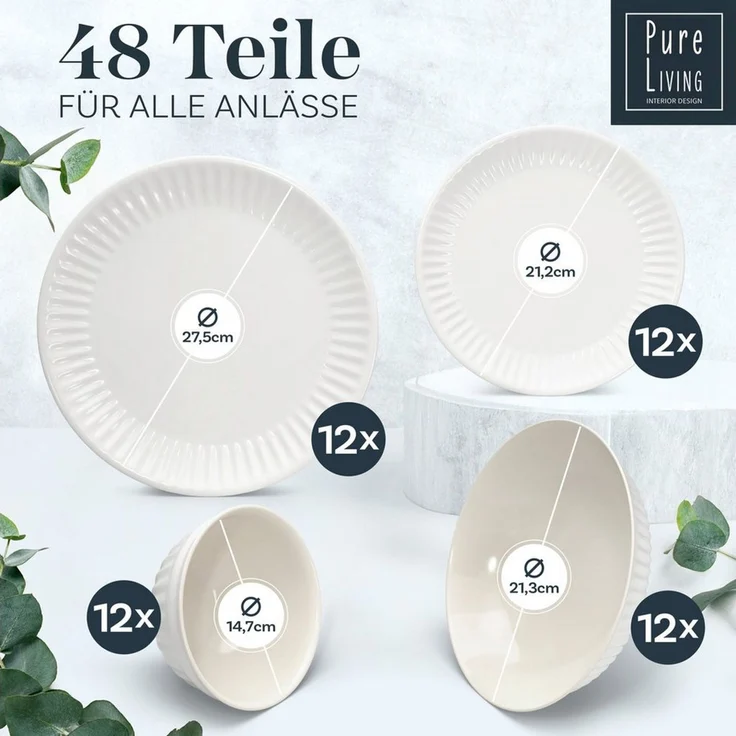 Steingut Geschirrset 12 Personen Hygge 48 tlg. TESTSIEGER, Traumhaftes Skandinavisches Steingut Geschirr Set, Schüssel- und Teller Set, Tafelservice 12 Personen, Geschirrsets Pure Living in Hellgrau – Bild 2