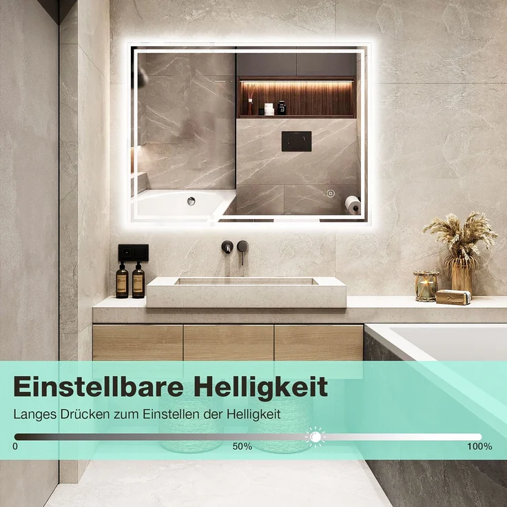 GIMBELEN LED Badezimmerspiegel 80x60 cm, rechteckiger Wandspiegel mit Beleuchtung, 3 Lichtfarben, dimmbar, Anti-Beschlag, Touch-Schalter, explosionssicheres Glas, IP44, Weiß – Bild 5