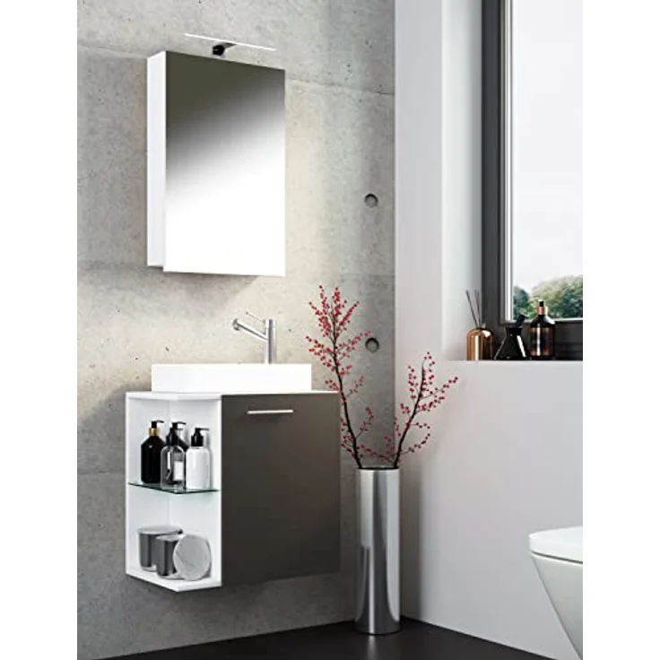 VCM Waschplatz "Hausa", Badmöbelset 3 tlg. für Gäste WC, Spiegelschrank mit Glasboden, Waschbecken aus Keramik, HxBxT 63x52x34 cm – Bild 2