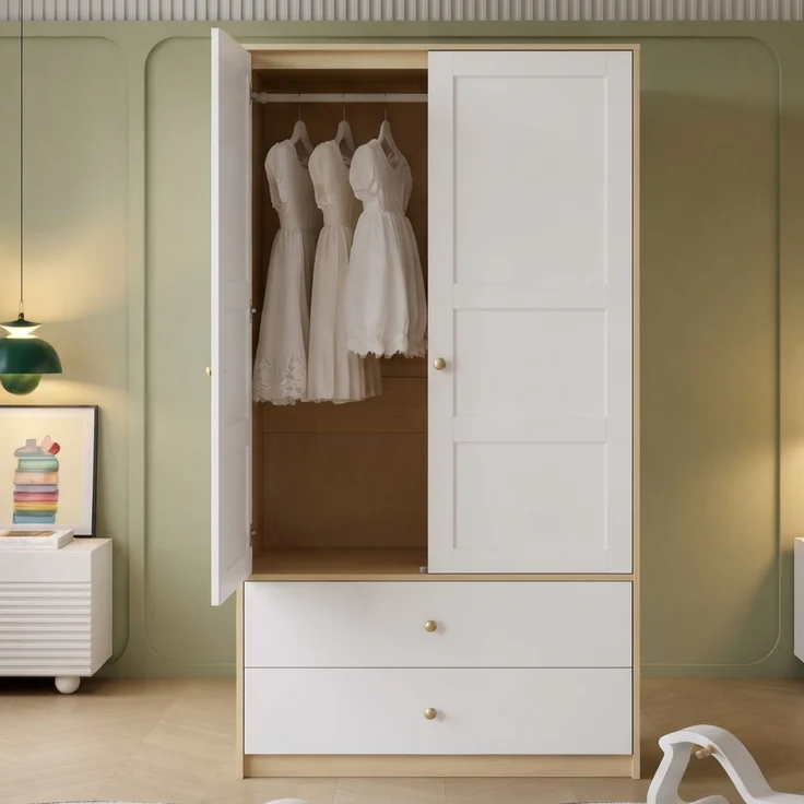 ZUBALIYA Doppeltüriger Kleiderschrank, 2-türiger Kleiderschrank, mit 2 Schubladen und Kleiderstange, Schlafzimmermöbel, Garderobenschrank, Kleiderschrank mit Kleiderstange, 100 x 48 x 180 cm,Weiß und Holzoptik – Bild 3