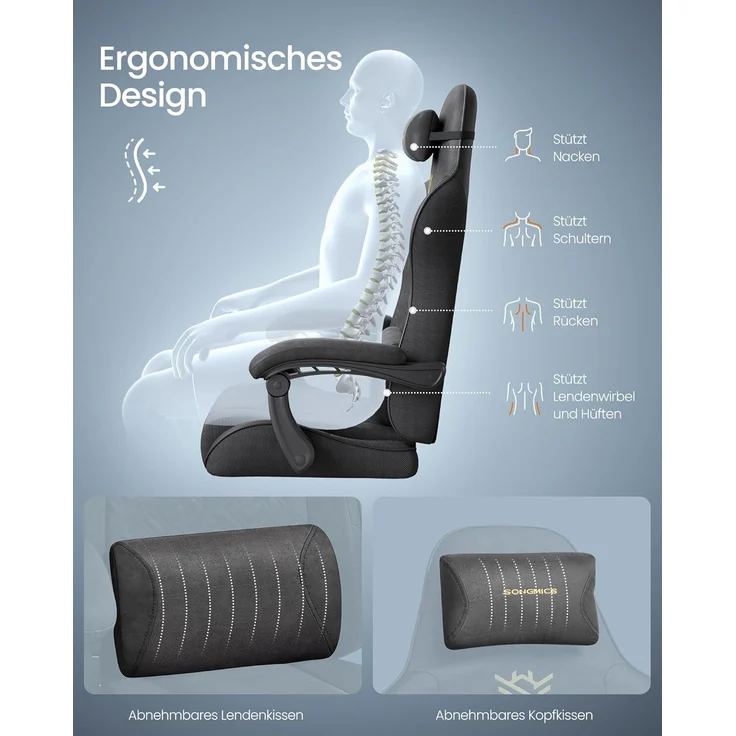 SONGMICS Gaming-Stuhl, Bürostuhl, Schreibtischstuhl, ergonomischer Gaming-Sessel, Sitzkissen mit Federn, Fußstütze, Armlehnen mit Synchronmechanik, tintenschwarz – Bild 6