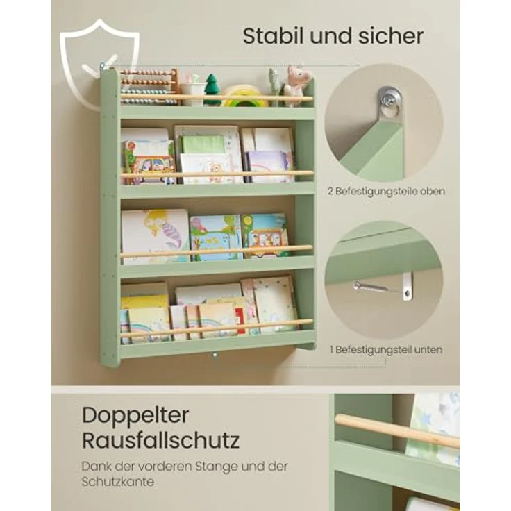 SONGMICS Bücherregal Kinder, Kinderregal mit 4 Ebenen, Spielzeugregal, Wandregal, für Kinderzimmer, Spielzimmer, lorbeergrün-naturfarben GKR014CE02 – Bild 5