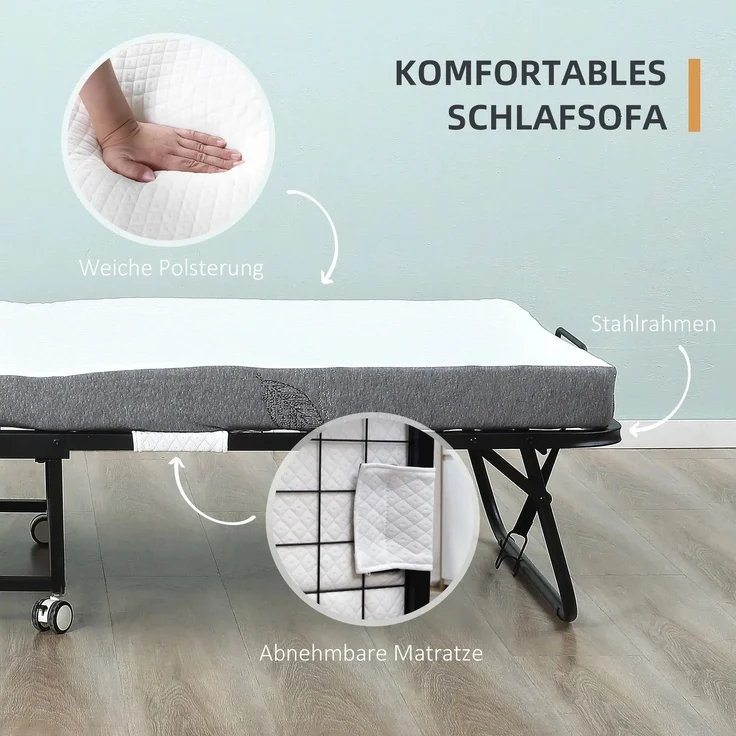 Wohnora-Gästebett Klappbett mit Rollen, Stahl+Schaumstoff, Weiß+Schwarz, 200x75x42,5cm,Weiß – Bild 5