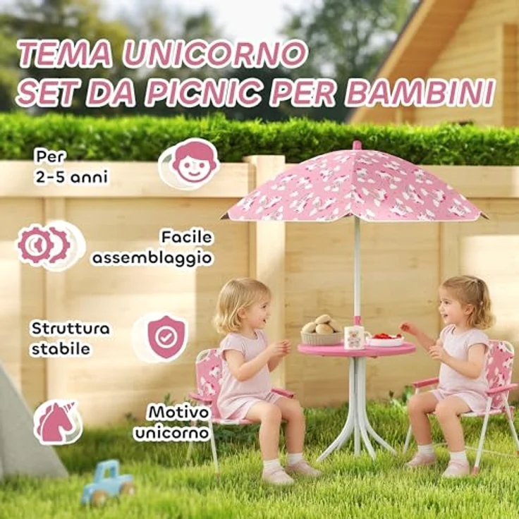 AIYAPLAY Garten-Kindersitzgruppe mit abnehmbarem Sonnenschirm, (Kindertisch mit 2 Klappstühlen, 4-tlg, Kindersitzgarnitur), für Kinder 2-5 Jahre, für Garten, Hinterhof, Terrasse, Rosa – Bild 4