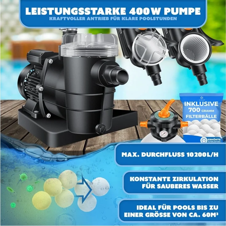 KESSER Sandfilteranlage 600W Sandfilter für Pools 13200L/h Durchfluss Poolfilter 7-Wege Ventil (Filteranlage mit Pumpe, 1200g Filterbälle Druckmanometer, Abdeckung), Tankvolumen für bis 30kg Sand Professionelle Poolwasserfilterung – Bild 3