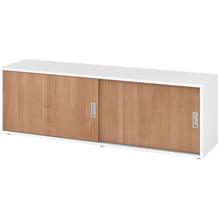 bümö Lowboard Schiebetürenschrank in Weiß/Nussbaum - Büromöbel Sideboard aus Holz, 160 cm breit, Büroschrank nur 40 cm schmal, Büro Schrank mit Schiebetüren für Ordner & Co, 1750S-W-N