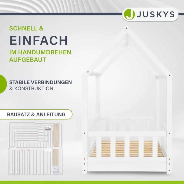 Juskys Kinderbett Marli 90 x 200 cm mit Matratze, Rausfallschutz, Lattenrost & Dach - Massivholz Hausbett für Kinder - Bett in Weiß – Bild 1