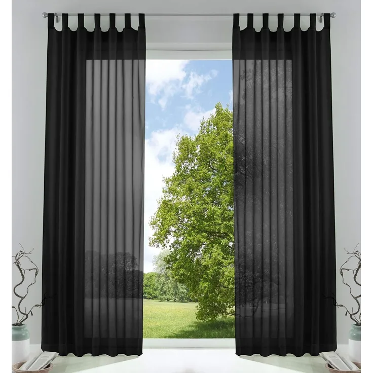 2er-Pack Gardinen Transparent Vorhang Set Wohnzimmer Voile Schlaufenschal mit Bleibandabschluß HxB 225x140 cm Schwarz, 61000CN