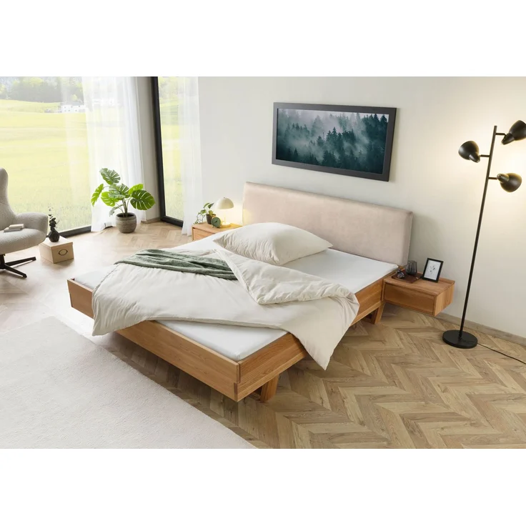 Bett mit Nachttischen Eiche 180x200x85 natur geölt, Kopfteil beige FICHTELBERG #135 – Bild 2