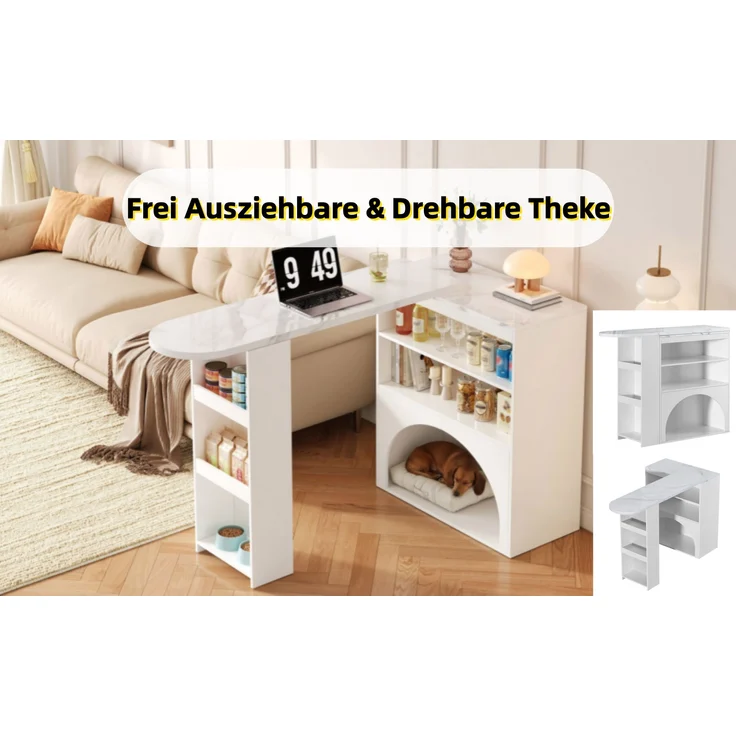 Ausziehbarer Thekentisch mit Haustierbereich, Marmoroptik, weiß, 120(+80)x40x100 cm – Bild 6