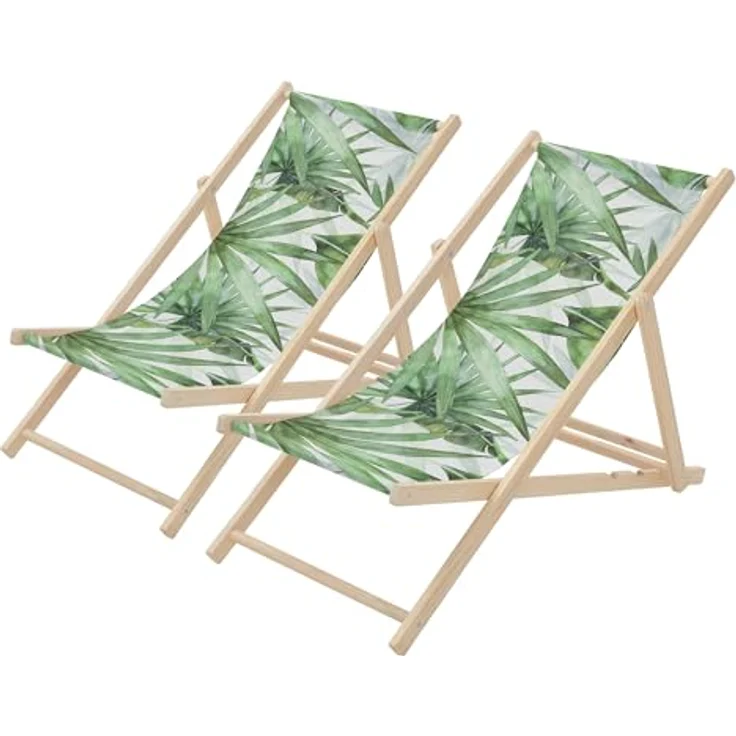 ECD Germany Gartenliege Holz Liegestuhl, 2er Set klappbare Strandliege mit 3-fach verstellbarer Rückenlehne, Grün-Weiß mit Palme – Bild 1