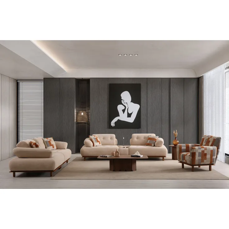 Sitzgruppe/Sofa Set "Bellora" 3+3+1 + Mittelkonsolentisch-Beige/Orange