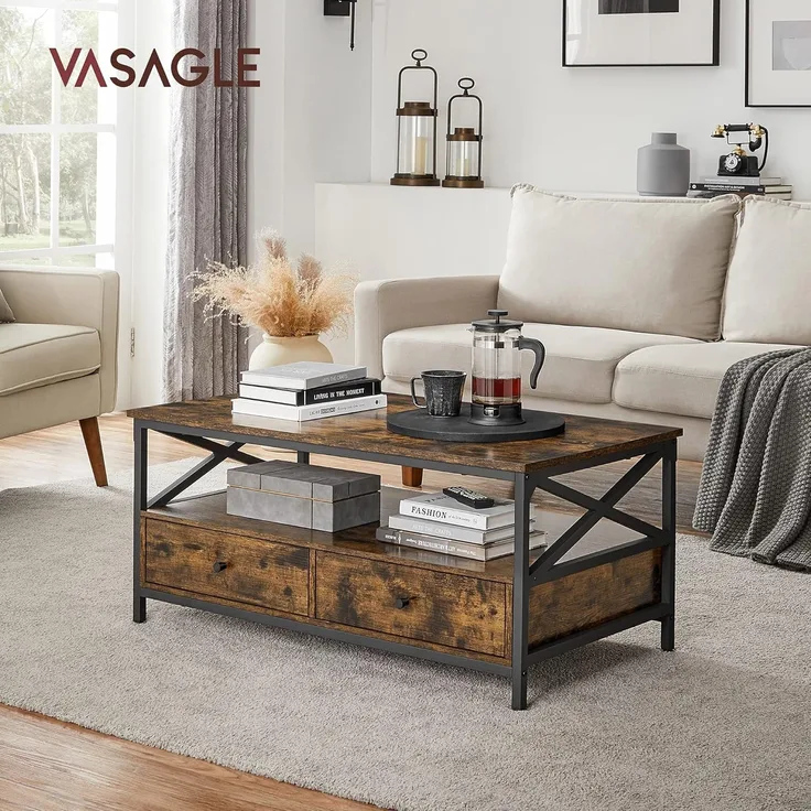 Vasagle Couchtisch, Wohnzimmertisch, Sofatisch, für Wohnzimmer, mit Schubladen, X-förmige Streben, offenes Fach, Industrie-Design, vintagebraun-schwarz