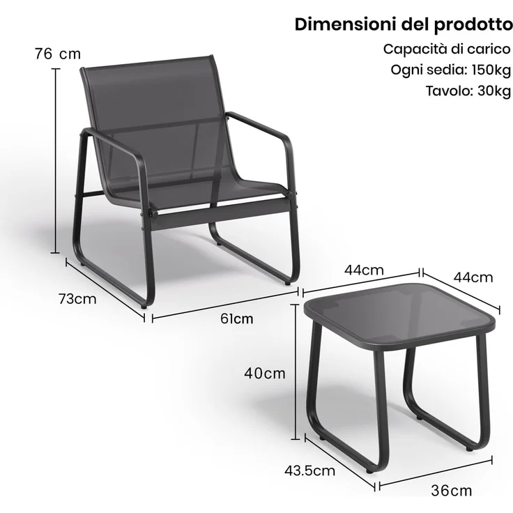Bealife 3-teiliges Balkon-Set, 3-teiliges Bistro-Set aus Textilene-Stoff, 2 Sessel und 1 Tisch aus gehärtetem Glas, für Garten, Terrasse, Balkon – Bild 2