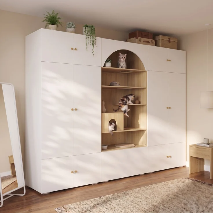 Wohnora-Kleiderschrank, Garderoben-Set Garderobe, Haustierschrank, 270 x 50 x 200 cm, mit 1 Kleiderstange, Katzenkletterwand und Haustierkissen, für Schlafzimmer, Wohnzimmer und Flur, Weiß+Holzoptik,H 200cm x T 270cm x B 50cm – Bild 2