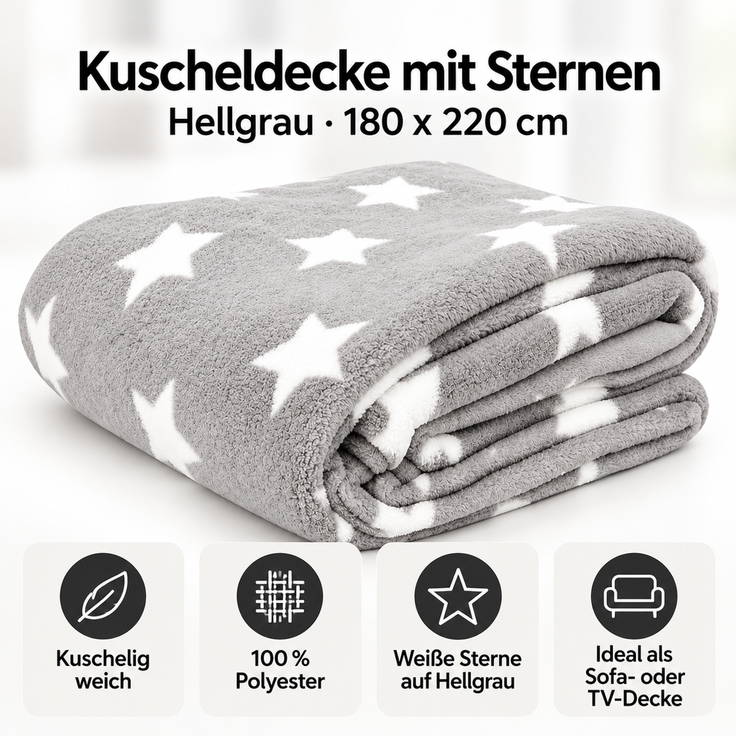 Kuscheldecke mit Sternen Hellgrau 180x220 cm – Bild 2