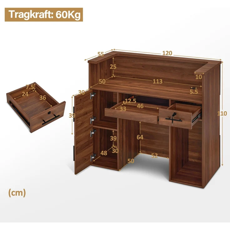 BarberPub Empfangstheke mit 2 Schubladen, Rezeptionstisch Braun R9760 – Bild 3