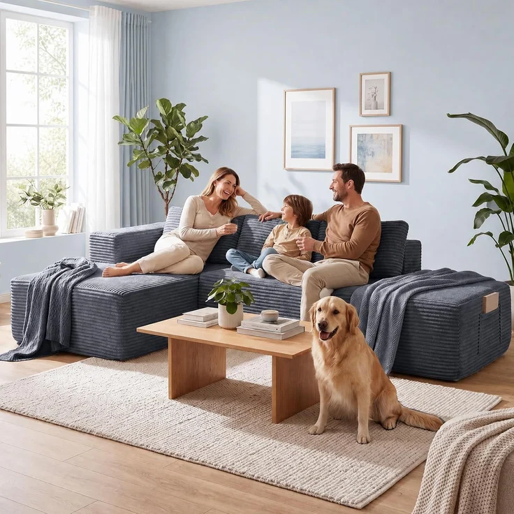 COMHOMA Ecksofa mit Schlaffunktion, 255cm Corduroy Modulares Boneless Couch mit Chaiselongue & Rücken-Metallgestell, L-Form Schlafsofa mit offenem Design, Kissen & Seitentaschen,für Wohnzimmer, Gris-R – Bild 5