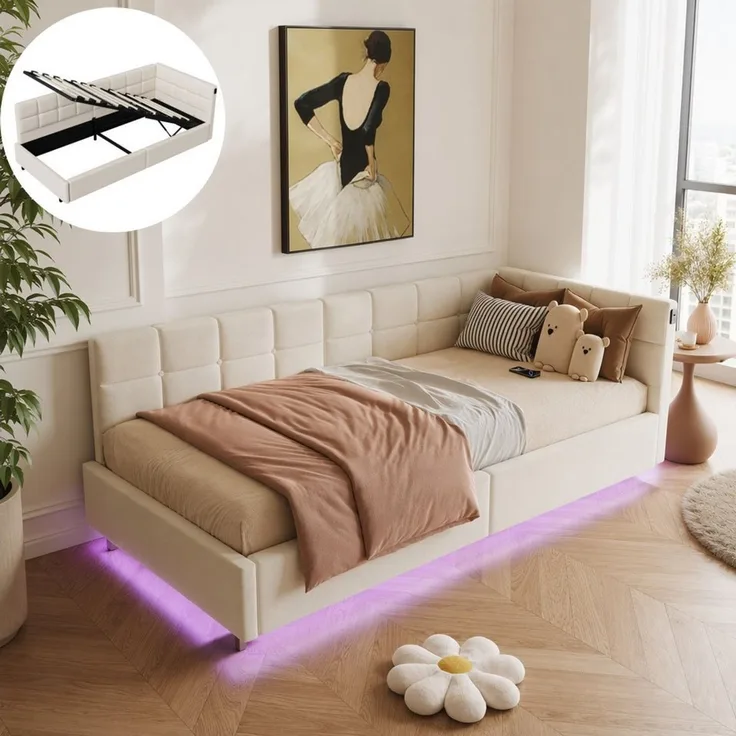 Simurq Daybed Tagesbett 90x200 mit Stauraum, Samtbett, Polsterbett, Gästebett, mit LED & USB Port, L-Form, Mit Lattenrost, Wohnliches Design