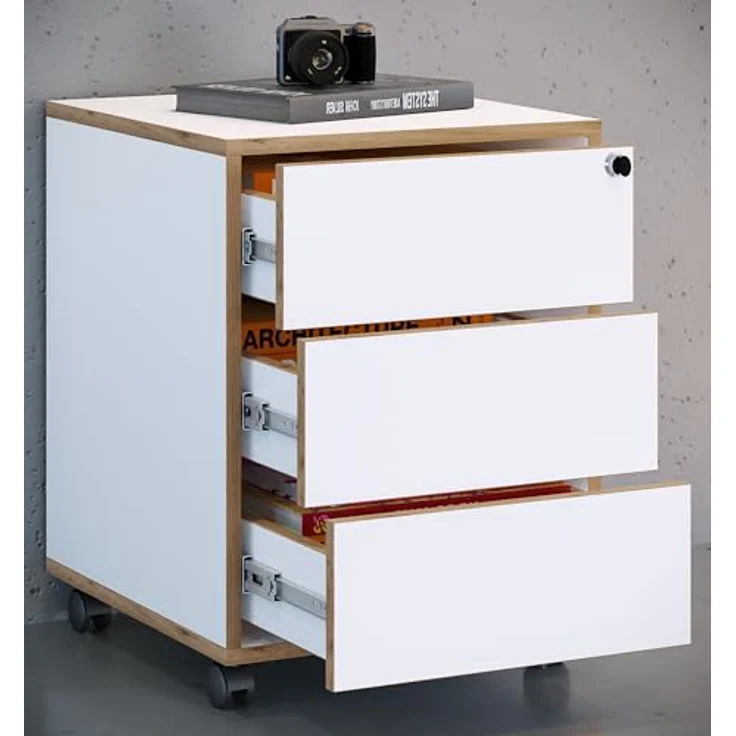 MID.YOU Rollcontainer, Weiß/Honigeiche, Holzwerkstoff, 3 Schubladen, 42x50x45 cm, griffloses Öffnen – Bild 2