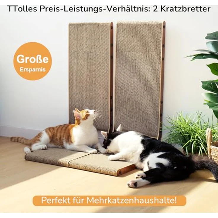 FUKUMARU Kratzbrett Katzen 2er Set, 68 cm hoch L-förmige Kratzpappe aus vertikalem Karton, widerstandsfähig Katzenkratzbrett mit Ballspielzeug, Farbe Nussbaum – Bild 4