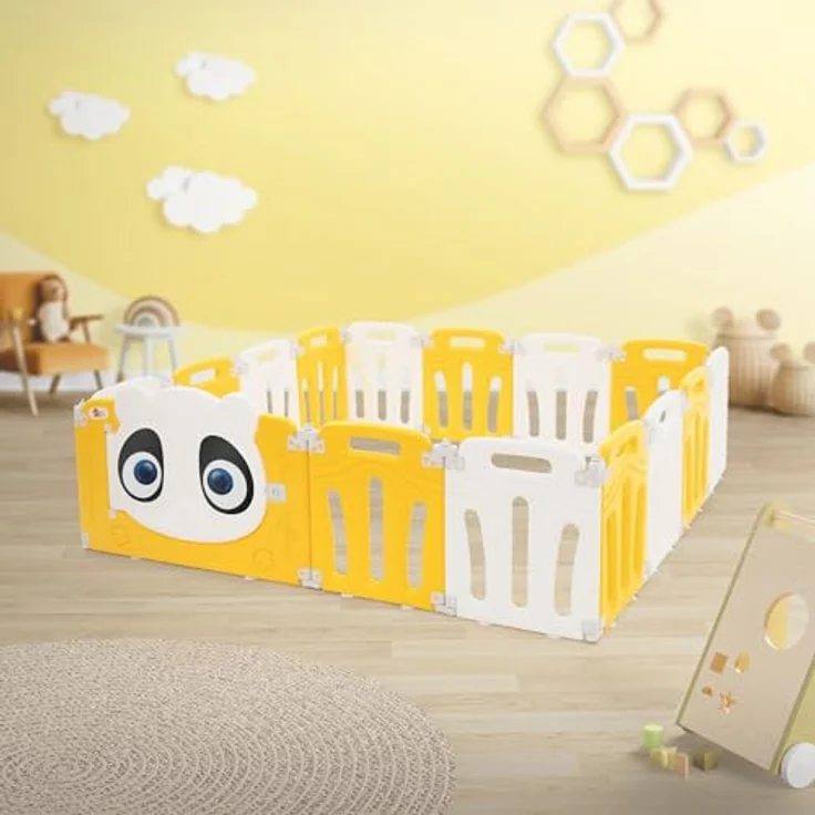 Joyz Laufstall Baby 160×160 cm, Laufgitter faltbar, Panda-Design, Weiß-Gelb, Absperrgitter mit Tür und Lernuhr, Playpen aus Kunststoff, Babyzaun, Kinderlaufstall Innen/Außen, Krabbelgitter für Kinder – Bild 9