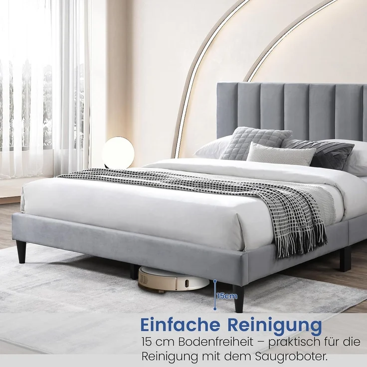 Home Collective Polsterbett 140x200 & 160x200 cm mit Lattenrost und weichem Bezug, Bettgestell (Doppelbett mit gepolstertem Kopfteil, robustes Gestell, hoher Liegekomfort), vertikaler Steppung, 140x200 cm, Grau – Bild 3