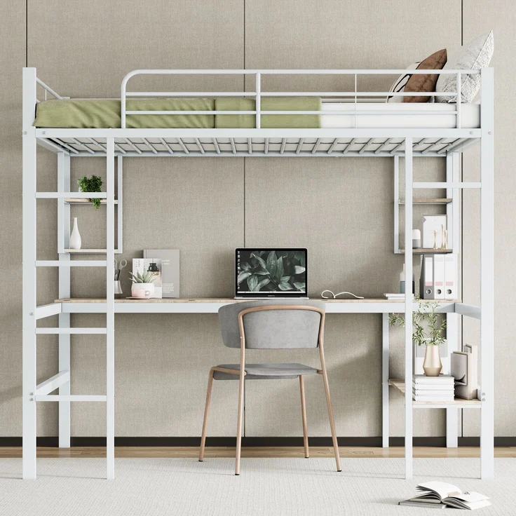 Weißes Metall-Hochbett 140×200cm mit Schreibtisch, 4 kleinen Eckregalen + großem Bücherregal, Stahl+E1-MDF, Weiß, ohne Lattenrost & Matratze, Gesamt L204 × T145 × H180 cm – Bild 3