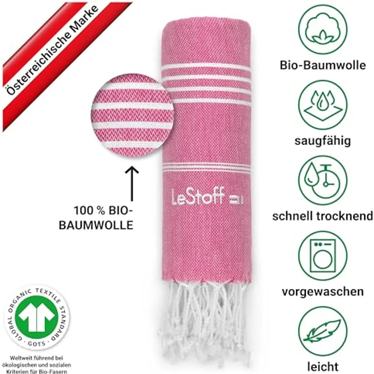 LeStoff Hamamtuch, 100% Bio-Baumwolle, 95 x 180 cm, schnelltrocknend, saugkräftig, leicht, rosa (Fuchsia) – Bild 3