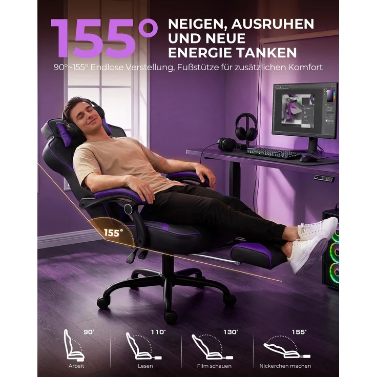 GTPLAYER Gaming Stuhl mit Fußstütze, Ergonomischer Bürostuhl 180kg, Schwerlast Gaming Sessel mit Lendenwirbelstütze und Kopfstütze, Höhenverstellbarer Computerstuhl, Gepolstert, neigbare 155°, Lila – Bild 6