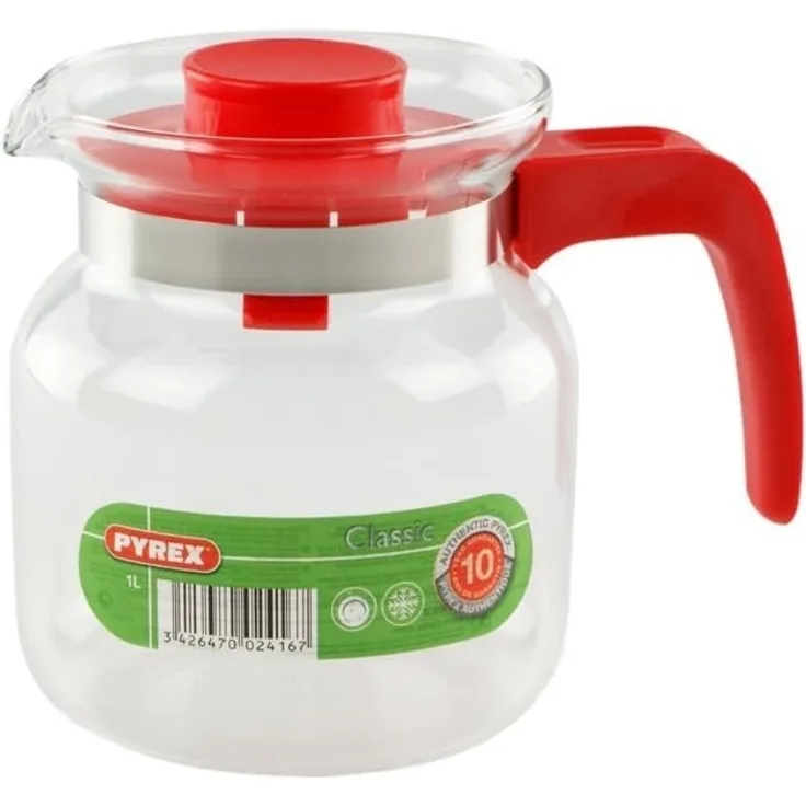 Pyrex classic Hohe Kanne mit Rotem Henkel, Glas, 1 Liter
