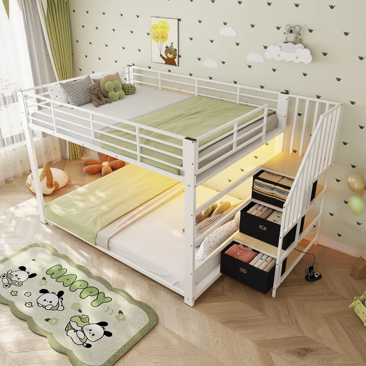 EINHOM Etagenbett 140x200 cm, Metall Doppelstockbett mit Treppe und Stauraum, LED-Licht und Steckdose, Etagenbett für Erwachsene mit links oder rechts montierbarer Treppe, Weiß (Ohne Matratze) – Bild 1