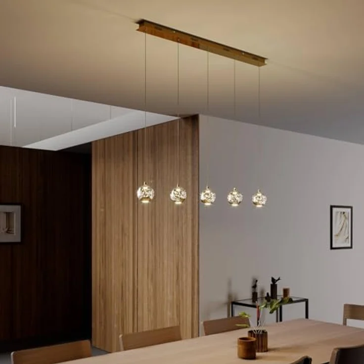 Lucande LED-Pendellampe Hayley, 96 cm, 5-flg., gold mit Glaskugeln und Blasenstruktur – Bild 3