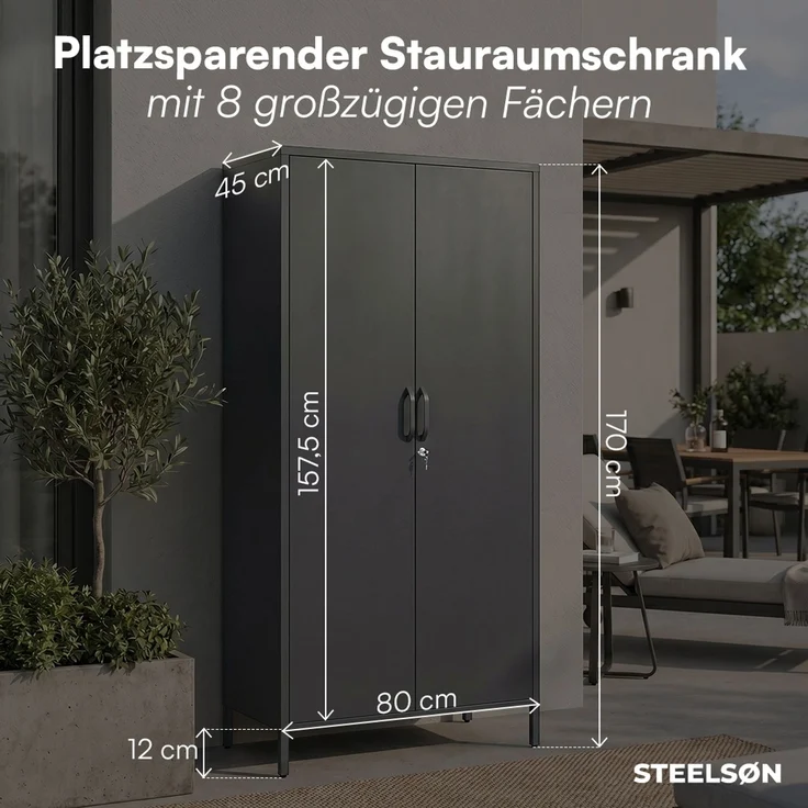 STEELSØN 'Menkent' Outdoor Metallschrank, Doppeltür mit Schloss, schwarz, 170x80x45 cm, mit 6 Einlegeböden, 8 höhenverstellbare Fächer – Bild 7