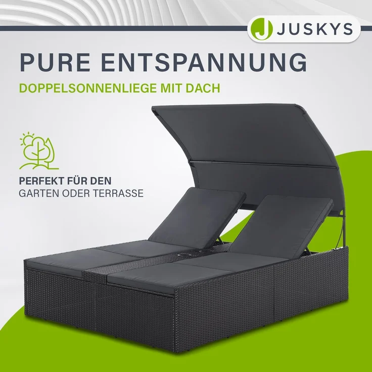 Juskys Polyrattan Doppelliege Syros - Garten Sonnenliege für 2 Personen - Outdoor Liege mit Dach & Auflagen - Kopfteil verstellbar - Schwarz – Bild 2