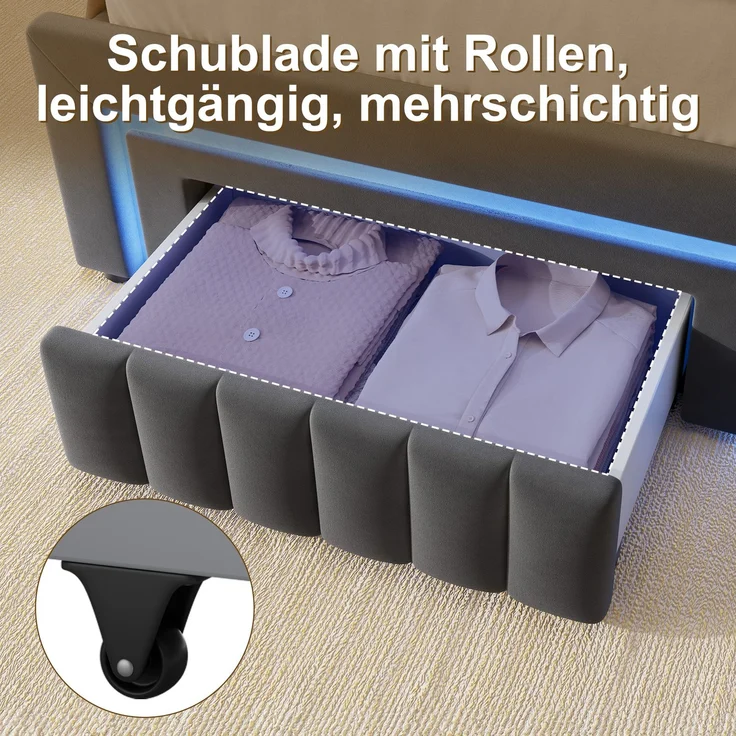 Polsterbett aus Velours mit LED, hydraulischem Stauraum & Schublade, ohne Matratze, 90x190 cm, Grau – Bild 4