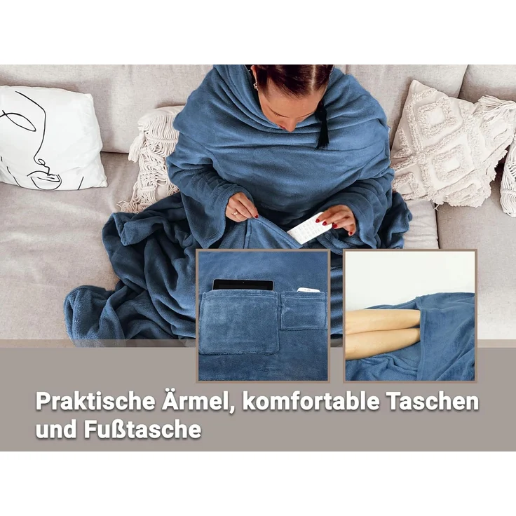 ZOLLNER Kuscheldecke mit Ärmeln, 170x200 cm, blau (dunkelblau) – Bild 4