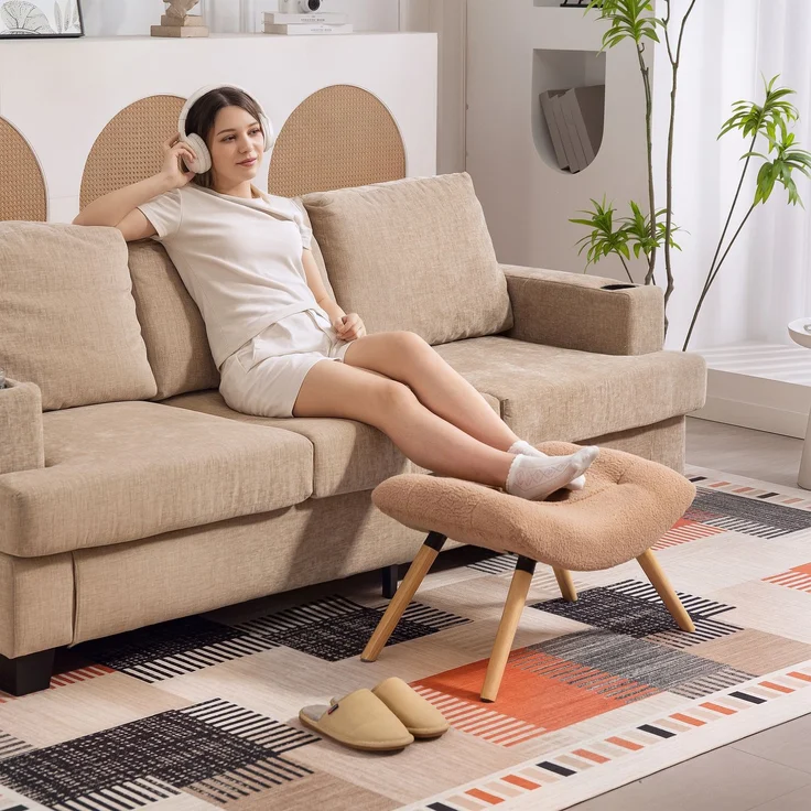 Moderner Fußhocker mit Fleece-Bezug und Holzbeinen, gepolstert, für Wohnzimmer, Schlafzimmer, Flur, Braun--Braun--67x45x38cm--YOUDENOVA – Bild 10