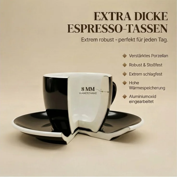 MUVELL Espressotasse Espressotassen Set 6 Tassen & Untertassen 0,8 cm dickwandig, 6-tlg, Keramik, 60 ml schwarz mit weißen Rand und Innenfläche – Bild 3