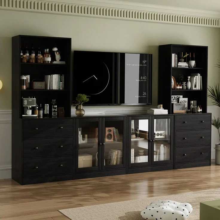 VOWNER TV-Schrank mit Bücherregalen für Fernseher bis zu 70 Zoll, 280 cm TV-Ständer (4-St) Wohnzimmer-Fernsehschrank mit gehärteten Glastüren und Einlegeböden – Bild 1