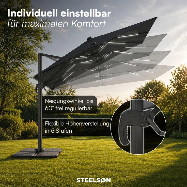 STEELSØN 'Lyrion' Sonnenschirm LED Solar 300x300 cm quadratisch, neigbar und 360-Grad drehbar, schwarz, Ampelschirm inkl. Abdeckung, UV50+ – Bild 3