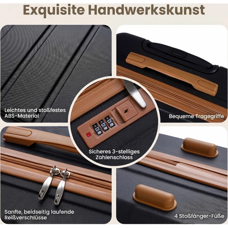 Koffer Set 5 Teilig Erweitbarer Hartschale Reisekoffer mit 1 Reisetasche & 1 Kulturbeutel Schwarz SH1438 – Bild 3