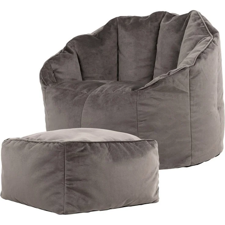 Icon Sirena Sitzsack Sessel mit Hocker für Erwachsene, Dunkelgrau, Flauschiger Samtstoff, Riesen Sitzsack Samt mit Füllung, Bean Bag Chair, Bequemer Sessel Wohnzimmer, Lounge, Schlafzimmer, Büro – Bild 1