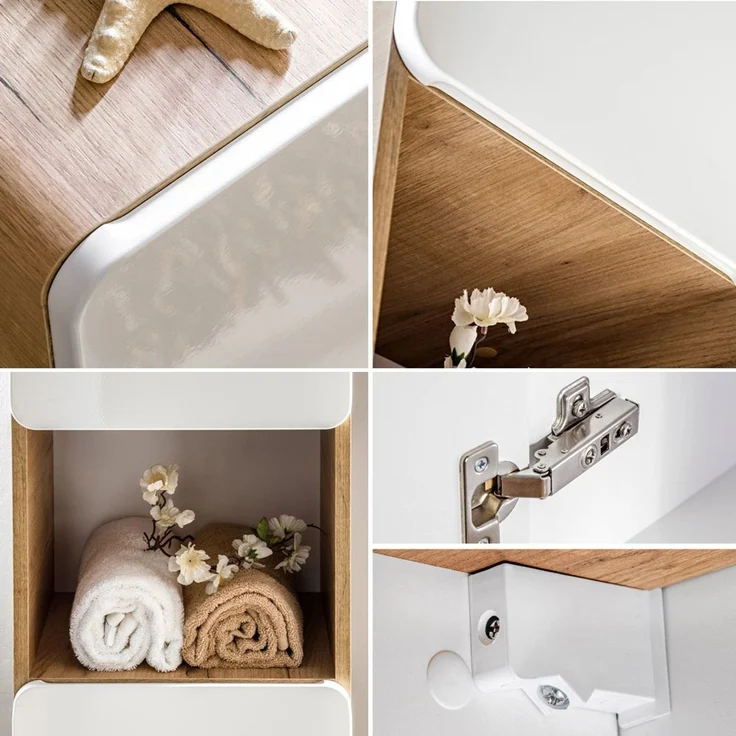 Badmöbel Komplett-Set mit 81 cm Keramik-Waschtisch & LED-Spiegel LUTON-56 Hochglanz weiß mit Wotan Eiche Nb, B/H/T ca. 180/200/46 cm – Bild 6