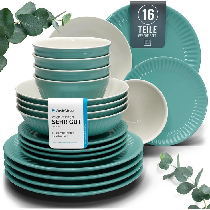 Steingut Geschirrset 4 Personen Hygge 16 tlg. TESTSIEGER, Traumhaftes Skandinavisches Steingut Geschirr Set, Schüssel- und Teller Set, Tafelservice 4 Personen, Geschirrsets Pure Living in Petrol