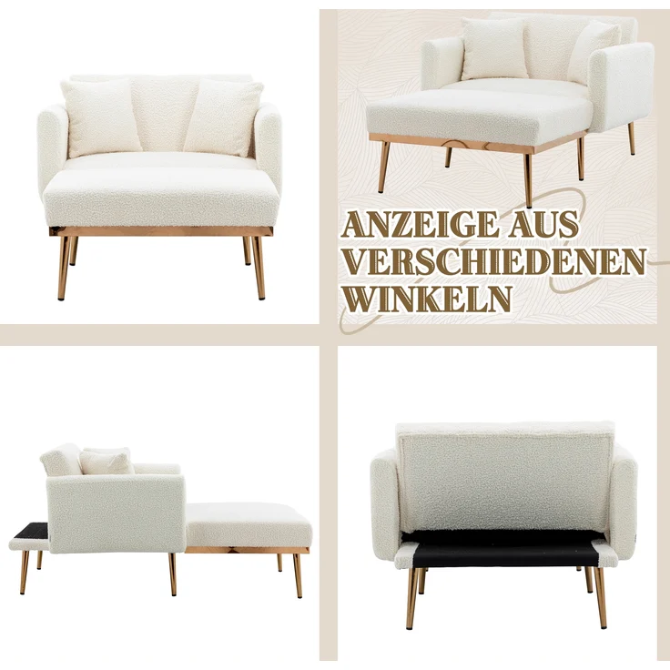 LVHOM Klappsofa mit Schlaffunktion, Schlafsofa Samtbezug mit goldenen Metallbeine, Klappbett Bettsofa Bettcouch, Chaiselounge, Weiß – Bild 6