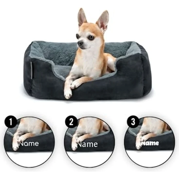 lionto Hundebett mit Wendekissen und Rutschfester Unterseite, Heimtierkissen mit tiefem Einstieg für Hunde und Katzen jeden Alters, 50x37 cm, kuscheliges Hundekissen, schwarz/grau (Namensaufdruck) – Bild 2