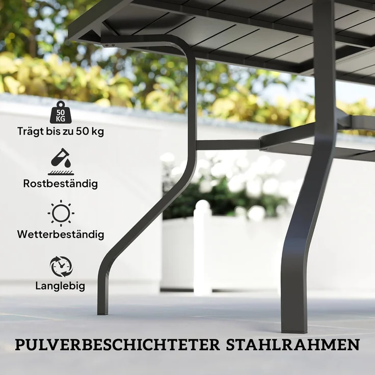 Outsunny Gartentisch mit Schirmloch, Latten-Design (wetterfest Balkontisch, 1-St, rechteckig Beistelltisch), 152 x 90 cm, für Garten, Balkon, Schwarz – Bild 7